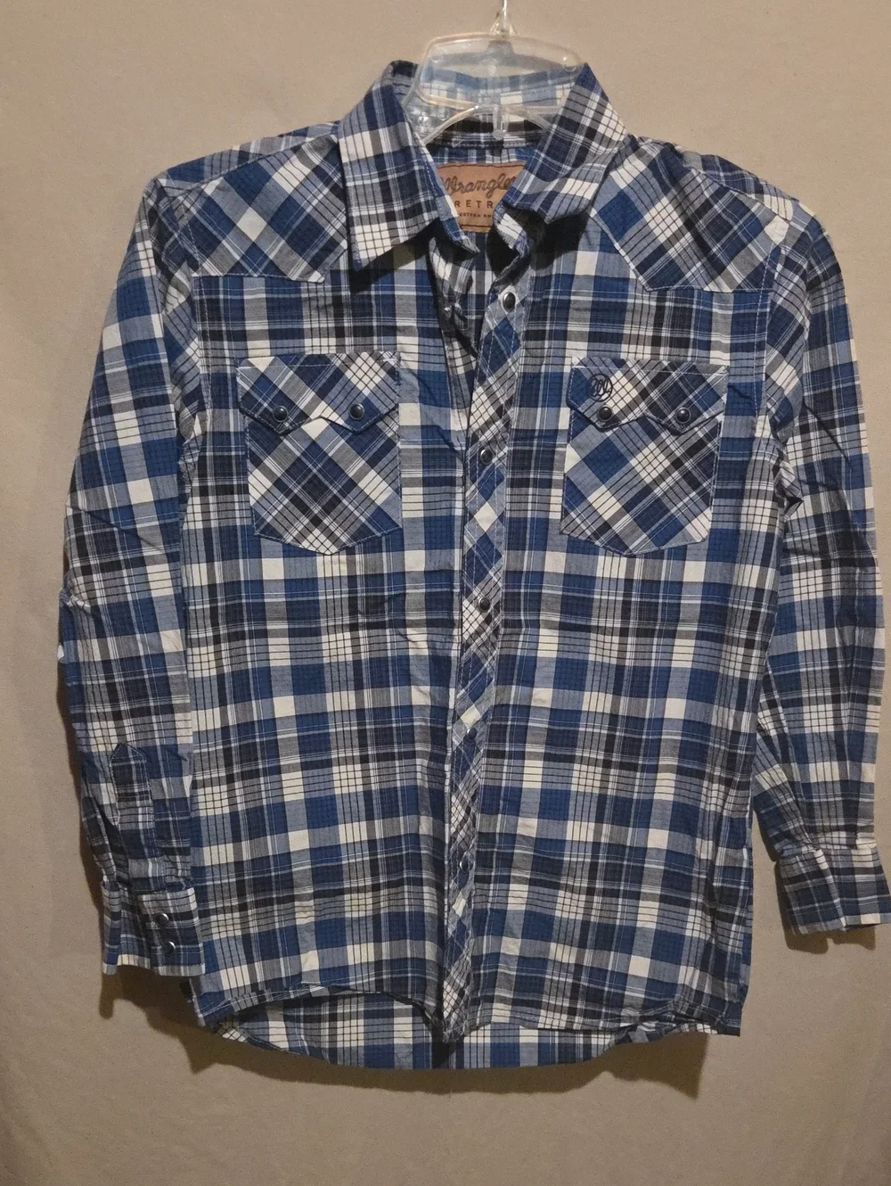 Wrangler Men's Blue and White Plaid Button-Down Shirt
